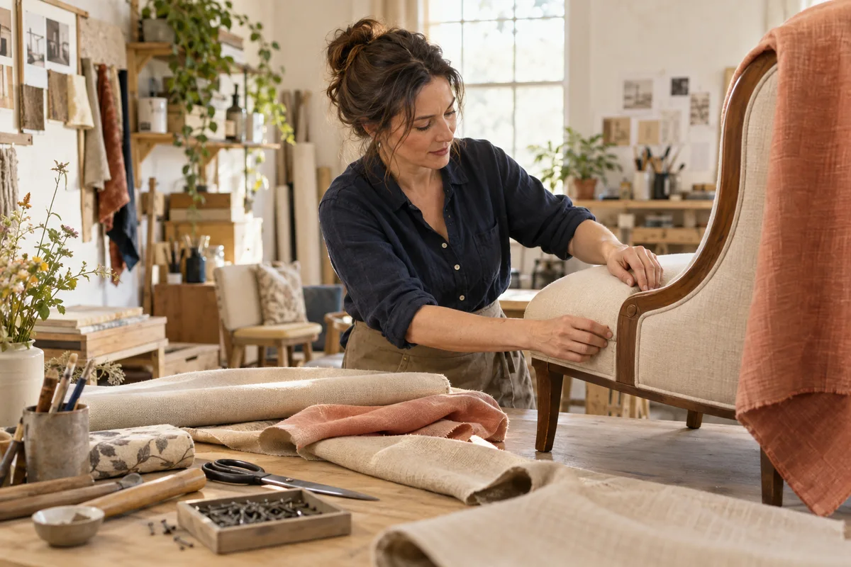 Illustrative scene of an independent service-business owner focused on work in a repair and design studio